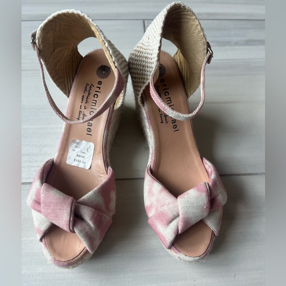 Eric Michael Pink Tie-Front Espadrille Wedges with Ankle Strap